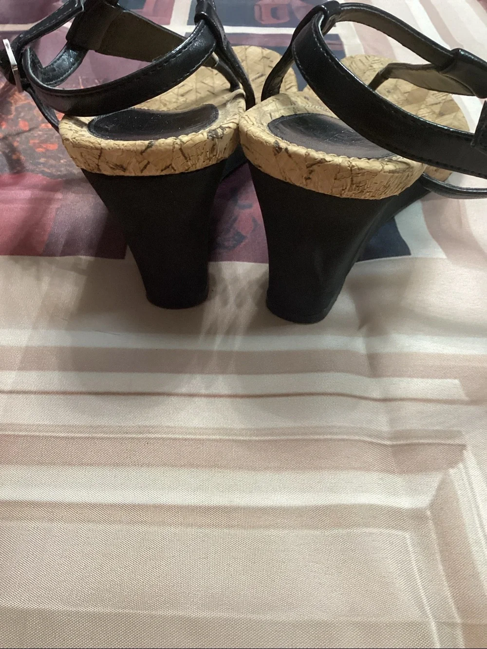 Ralph Lauren Black Cork Wedge Thong Sandals with Ankle Strap  Size not marked
